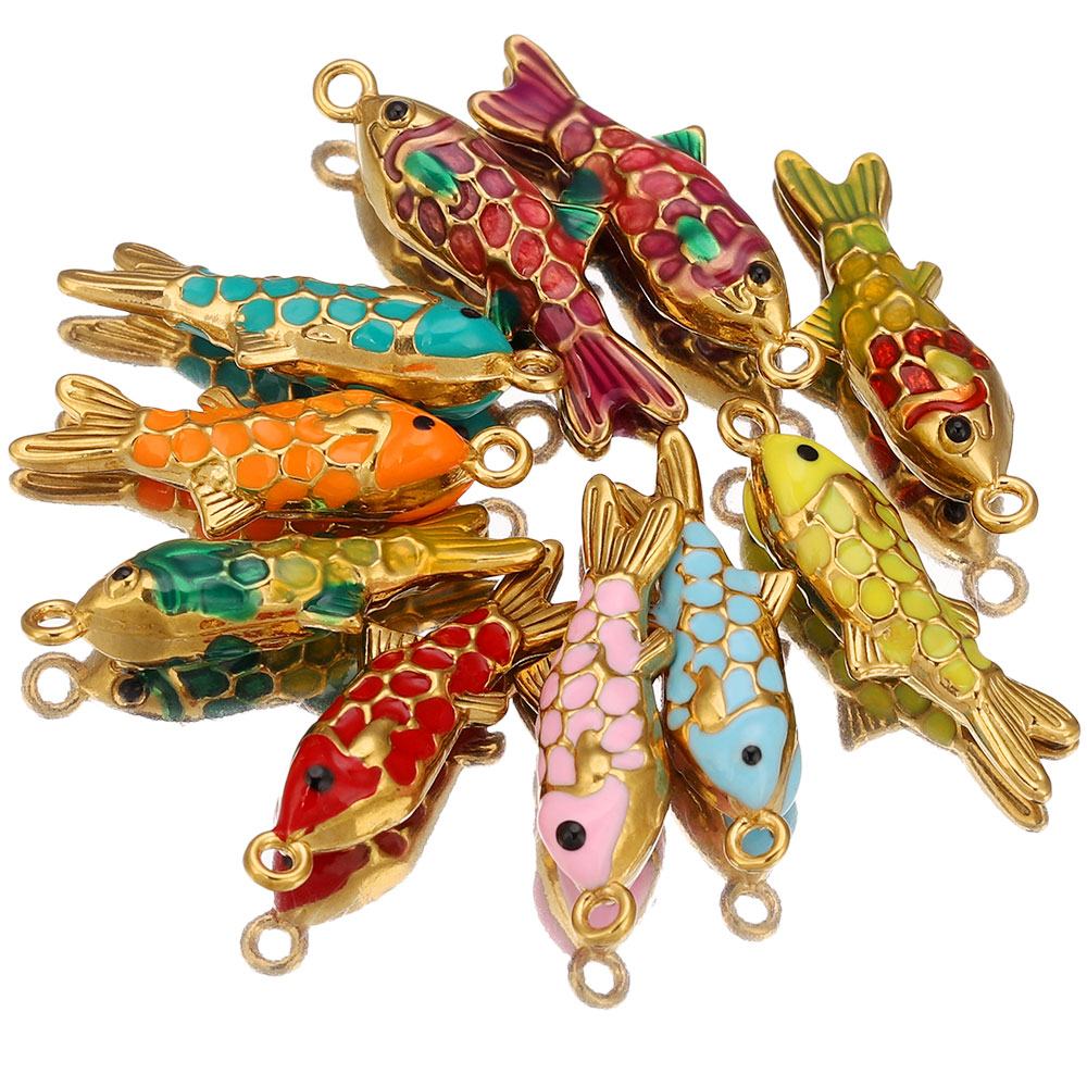 Embellishment Crafts - 2 個ステンレス鋼カラフルなエナメル金魚チャームペンダント DIY イヤリングジュエリー材料作成ペンダント用品工芸品